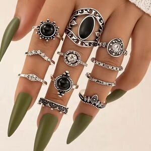 Gothic Vintage Black Gemstone Ring Set 11pc